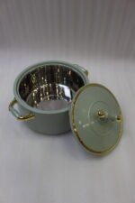 ONEMORE 3-piece sage green insulated hot pot set with polished gold handles and knobs on a marble countertop in 1L, 2L, and 3.5L sizes.
