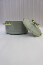 ONEMORE 3-piece sage green insulated hot pot set with polished gold handles and knobs on a marble countertop in 1L, 2L, and 3.5L sizes.
