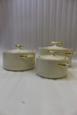 ONEMORE 3 piece off-white and gold insulated hot pot set in 1L, 2L, and 3.5L sizes displayed on a marble kitchen counter.