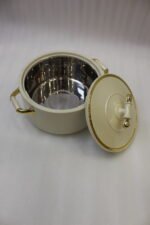 ONEMORE 3 piece off-white and gold insulated hot pot set in 1L, 2L, and 3.5L sizes displayed on a marble kitchen counter.