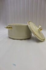 ONEMORE 3 piece off-white and gold insulated hot pot set in 1L, 2L, and 3.5L sizes displayed on a marble kitchen counter.