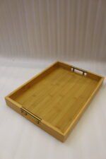 ONEMORE 3 piece natural wooden serving tray set with metallic brass handles resting on a kitchen countertop