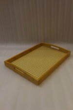 3 piece natural wooden serving tray set with woven cane rattan mesh bottom and side handles on a kitchen countertop