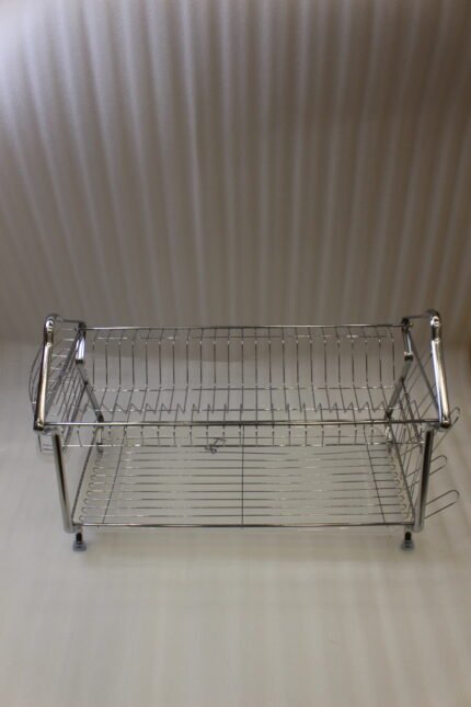 2-tier stainless steel dish drying rack on a marble kitchen countertop with drip tray and utensil holder
