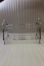 2-tier stainless steel dish drying rack on a marble kitchen countertop with drip tray and utensil holder
