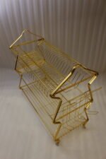 3-tier modern gold stainless steel dish drying rack with utensil basket, cup holder, and clear drip tray on a marble countertop