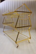 3-tier modern gold stainless steel dish drying rack with utensil basket, cup holder, and clear drip tray on a marble countertop