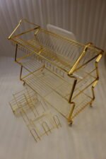 3-tier modern gold stainless steel dish drying rack with utensil basket, cup holder, and clear drip tray on a marble countertop
