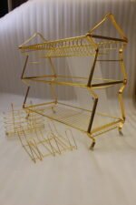 3-tier modern gold stainless steel dish drying rack with utensil basket, cup holder, and clear drip tray on a marble countertop