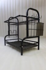 2-tier black metal dish drying rack with utensil holder and drip tray on a marble kitchen countertop