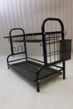 2-tier black metal dish drying rack with removable drain tray and side utensil holder on a kitchen countertop
