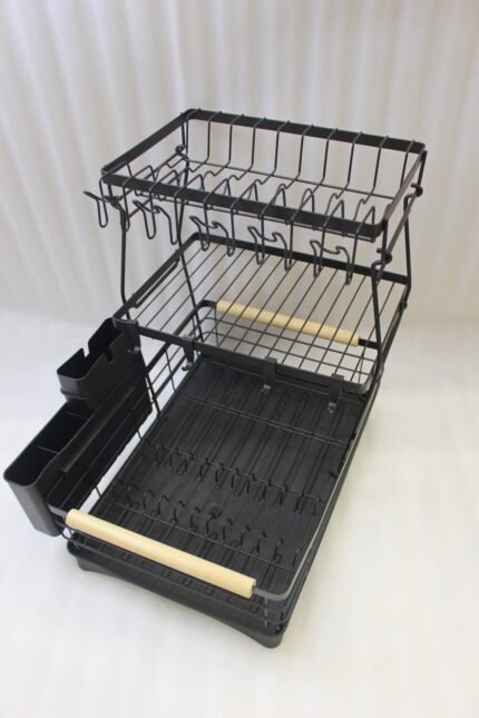 3-tier black wire dish drying rack on a marble countertop with wooden handles, attached utensil holder, and removable drip tray