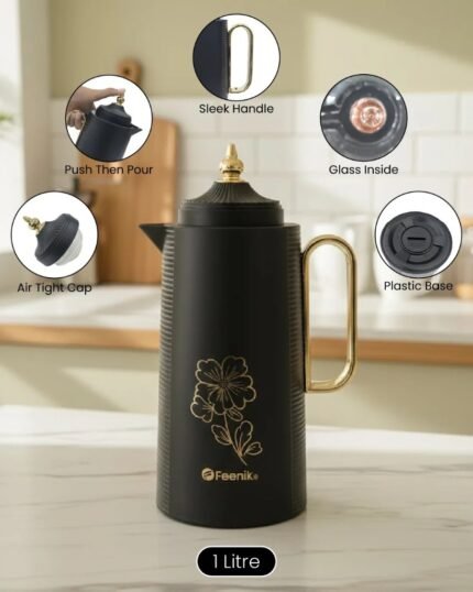 Black 1 litre Feenik thermal flask with gold floral design, glass inside, push-then-pour mechanism, and airtight cap displayed on a kitchen counter